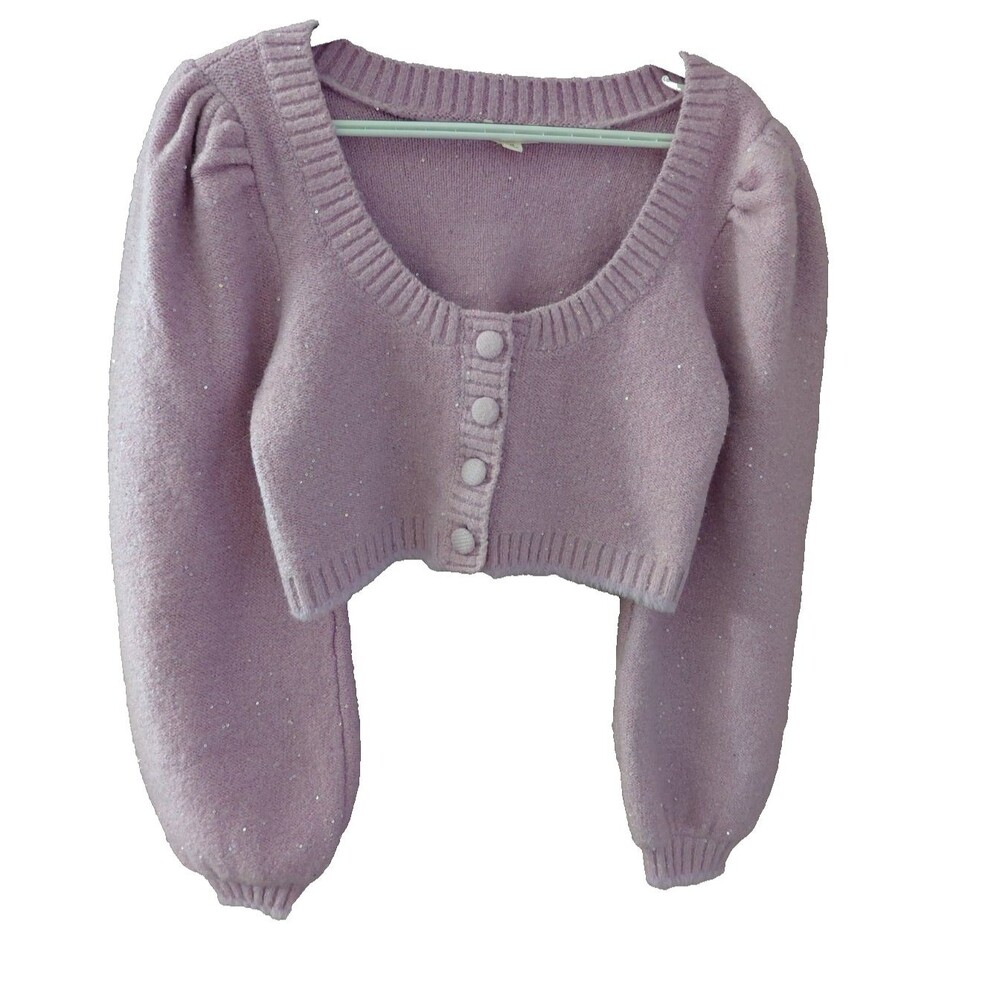 For Love and Lemons Sweater Women's M Lilac/ Pink Sequin Cardigan Ribbed Crop